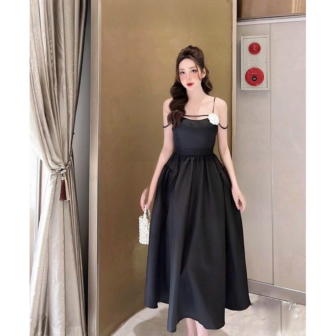 Đầm tafta xoè 2 dây rớt vai kèm hoa Đen Trắng Đầm váy đi chơi dạo phố dự tiệc sang trọng quý phái hotgirl tk đơn giản