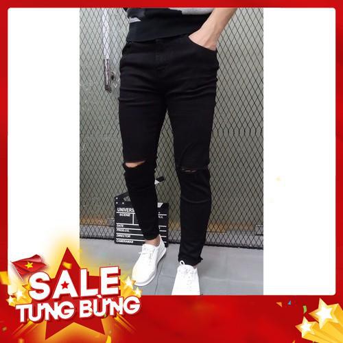 Quần Jean Nam Đen Rách Xước Nhẹ Đầu Gối Basic - Hàng nhập khẩu