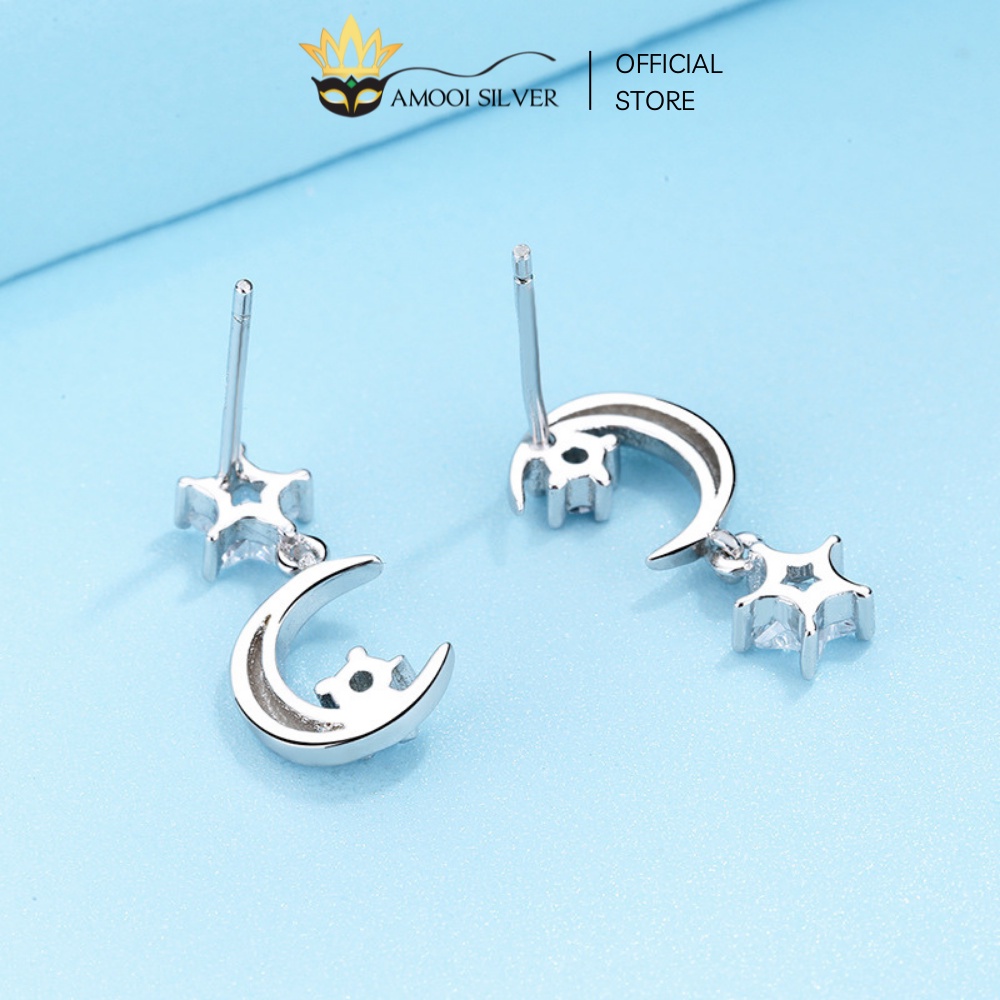 Bông Tai Bạc S925 Thiết Kế Hình Trăng Sao Bất Đối Xứng - Amooi Silver AB58
