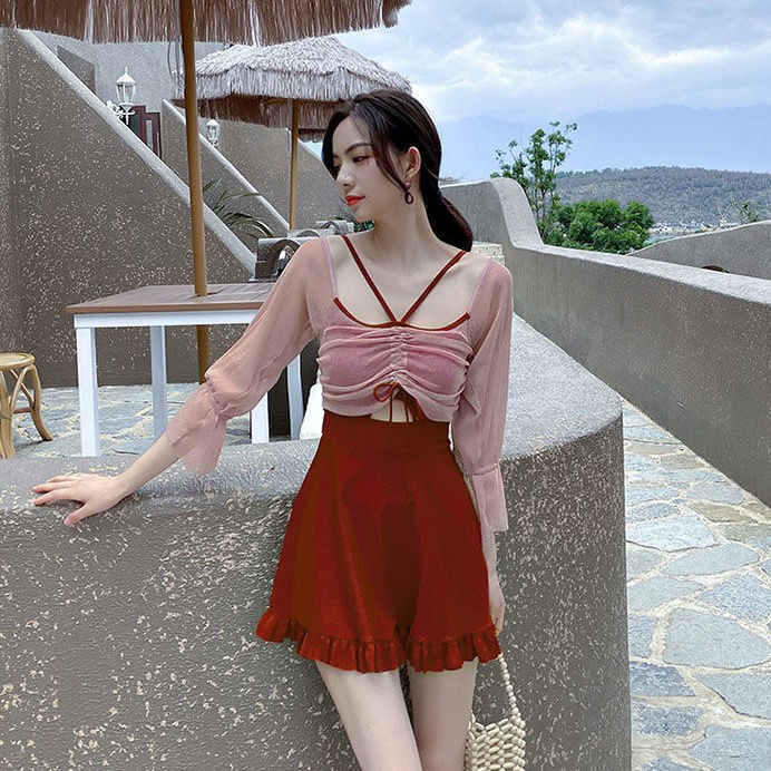 tu dungÁo tắm một mảnh nước nóng màu đỏ lưới xẻ tà kiểu mới cao cấp có tay dài dành cho nữ sinh | BigBuy360 - bigbuy360.vn