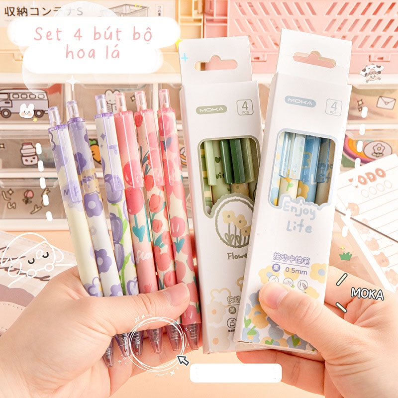 Set 4 Bút Viết Mực Đen Ngòi 0.5mm Bộ Hình Hoa Lá