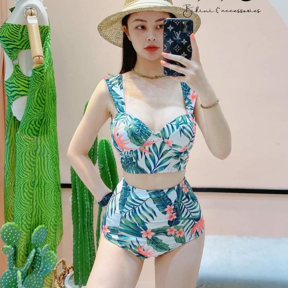 Bikini Nữ 2 Mảnh Quần Cạp Cao Aó Bra Hoa Lá Đẹp Bin Sports BHV090 [ Bikini Giá Xưởng ]