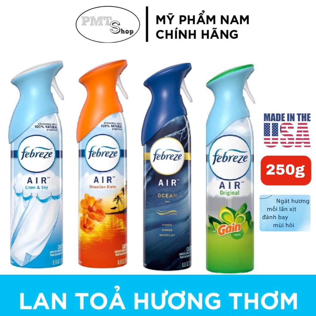 Chai xịt thơm phòng Febreze Air 250g Original Gain , Hawaiian Aloha , Ocean Hinoki Ginger Waterlily , Linen &amp; Sky