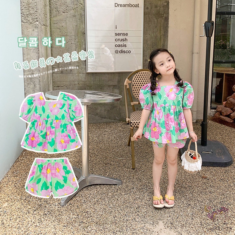 Bộ Áo Tay Phồng In Hoa + Quần Short Đáng Yêu Thời Trang Hàn Quốc Cho Bé Gái