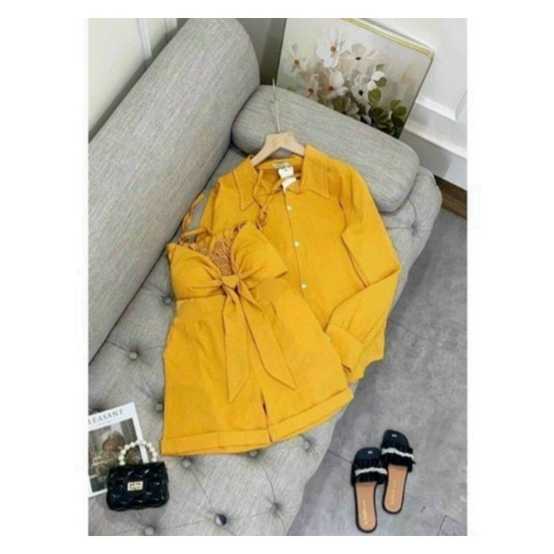 SET 3 món đi biển siêu xinh, set gồm quần đùi áo nơ kèm sơ mi ALOHASHOP91