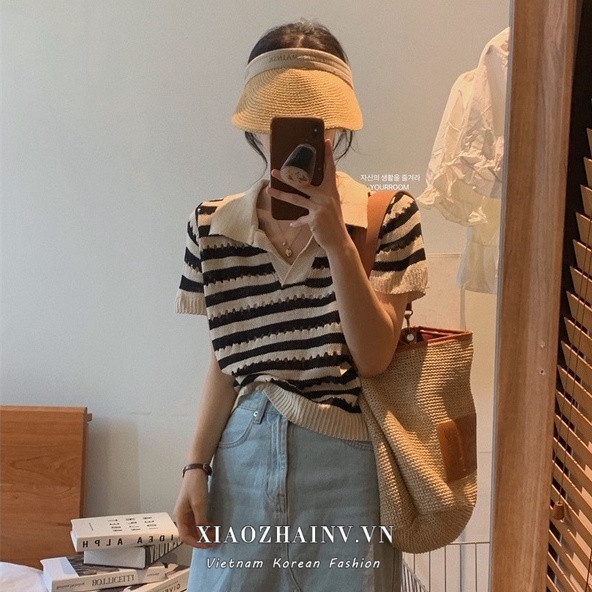 Áo thun Xiaozhainv tay ngắn cổ chữ V họa tiết kẻ sọc 5 màu phong cách thời trang cho nữ