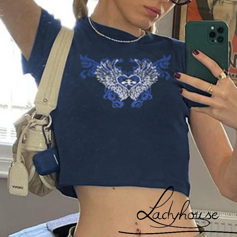 Áo Thun Ngắn Tay Cổ Tròn In Hình Đôi Cánh Thiên Thần Và Trái Tim Thời Trang Mùa Hè Cho Nữ