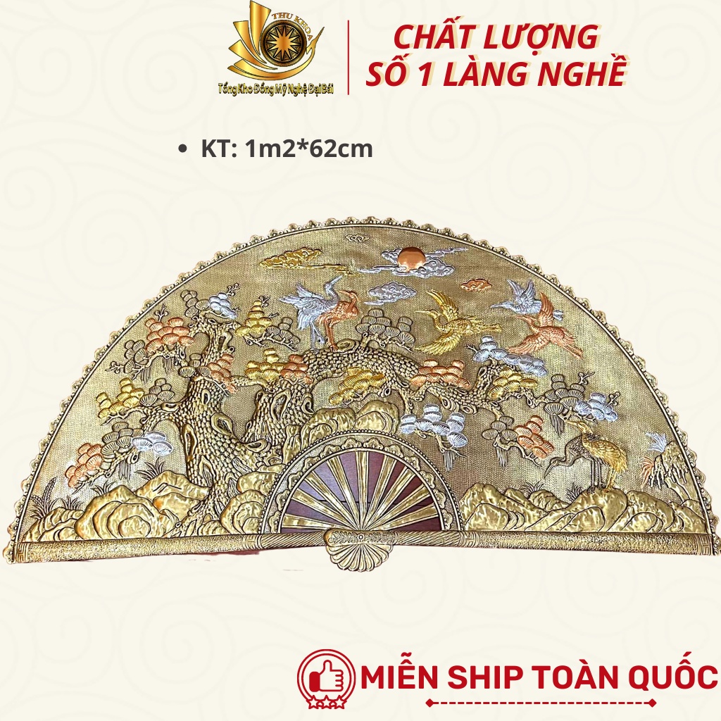 Tranh Quạt Tùng Hạc Bằng Đồng Mạ Vàng 24K 1m2 Quà Tặng Độc Đáo Treo Tường Trang Trí Đồ Đồng Đại Bái