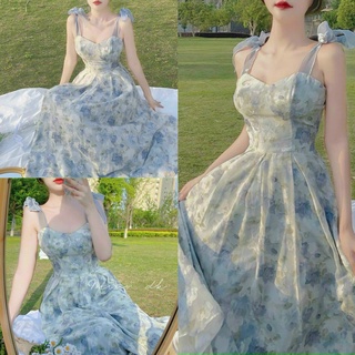 Image of Women's 2-straps gentle flowers pattern chiffon dress with blue color for girls
