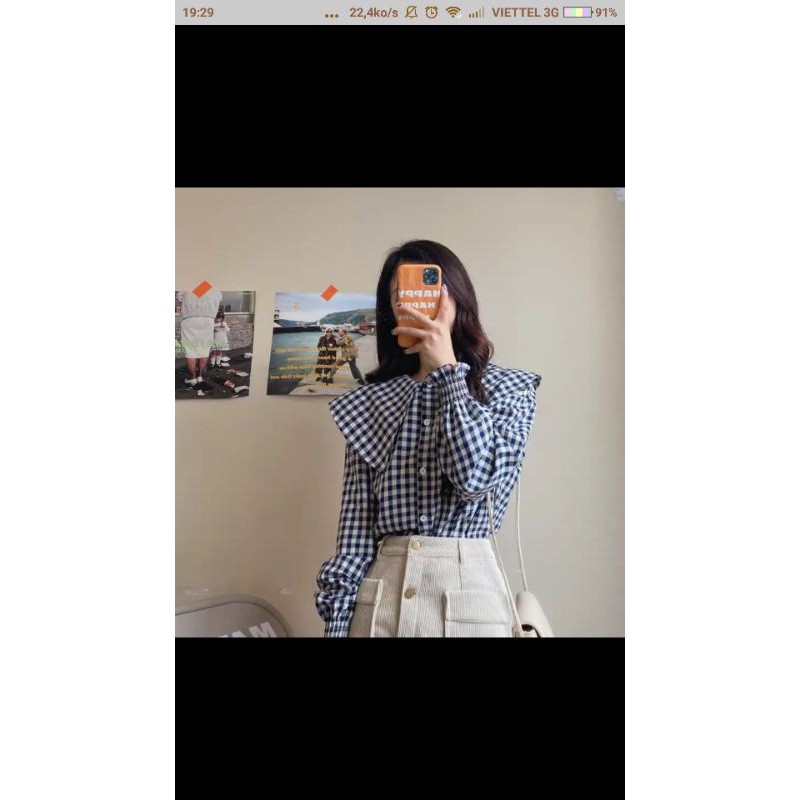 Áo sơ mi kẻ caro cổ bèo tay chun style Hàn