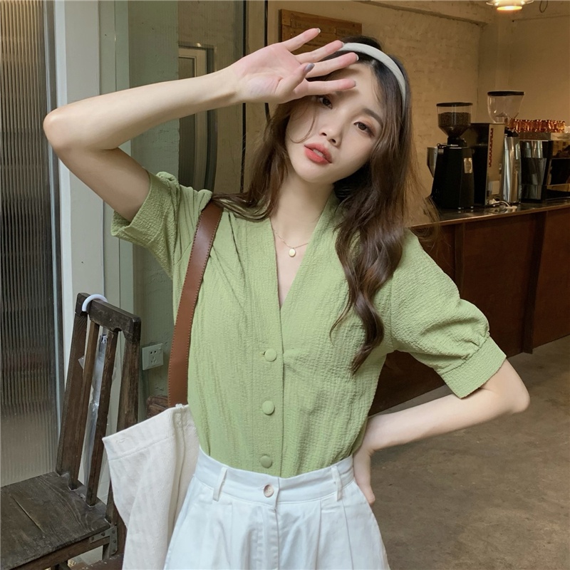 Porozi  Áo Sơ Mi Tay Ngắn Phồng Cổ Chữ V Phong Cách Retro Thời Trang Hàn Quốc Cho Nữ