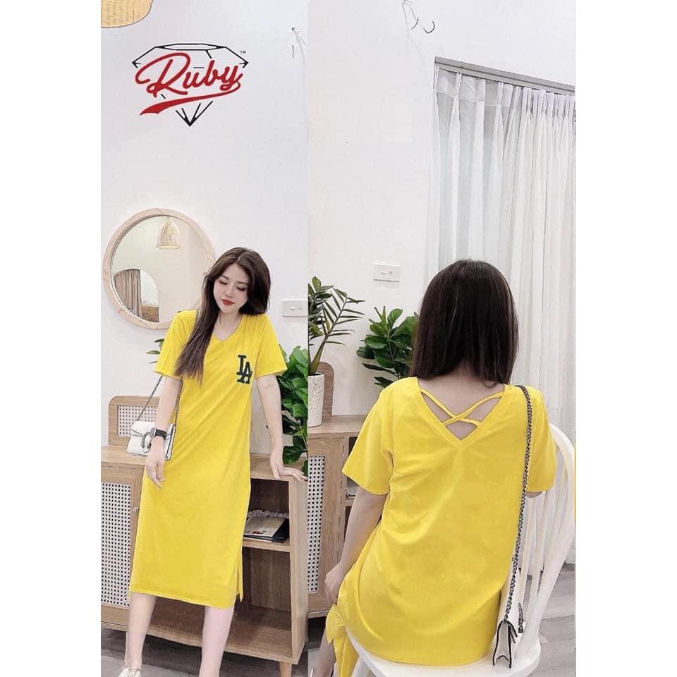 Đầm Suông Dài Đan Dây Lưng Váy Cotton Cổ Tròn Ngắn Tay Họa Tiết Chữ