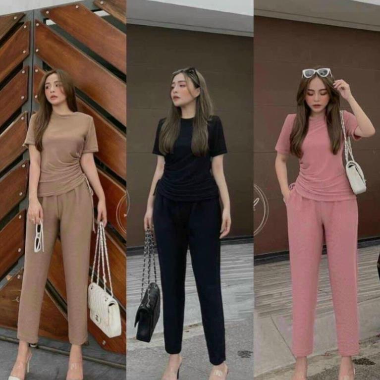 TTO- Set bộ thun tăm gân fom rộng thụng áo rút dây mix quần dài cực nữ tính thời trang TASA