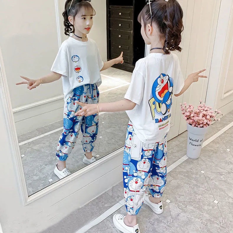 Bộ Áo Thun Ngắn Tay In Hình Doraemon + Quần Dài Thể Thao Thời Trang Mùa Hè Cho Bé Gái