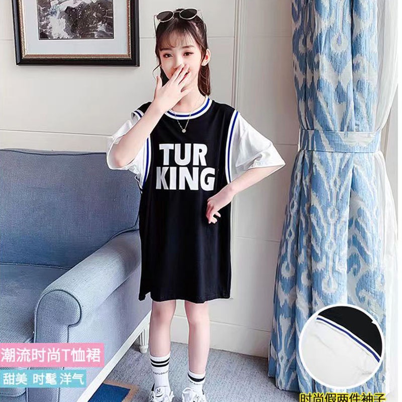Set Áo Thun Ngắn Tay Giả Hai Lớp + Chân Váy Dáng Rộng Thời Trang Cho Bé Gái