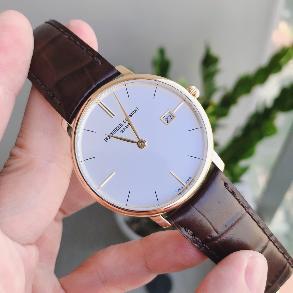 Đồng hồ Nam chính hãng Frederique Constant Slimline FC-220V5S5-Mặt trắng,Viền vàng,Lịch-Máy Pin Quartz-Dây da-Size 40mm