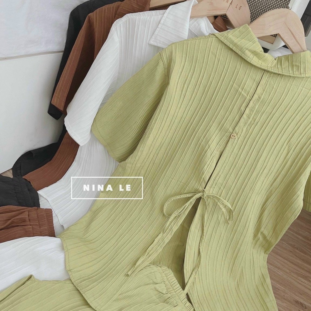 Sét bộ áo sơ mi đũi xốp sọc nút cài sau cột nơ phối quần đùi xinh xắn thời trang nữ thiết kế đa phong cách