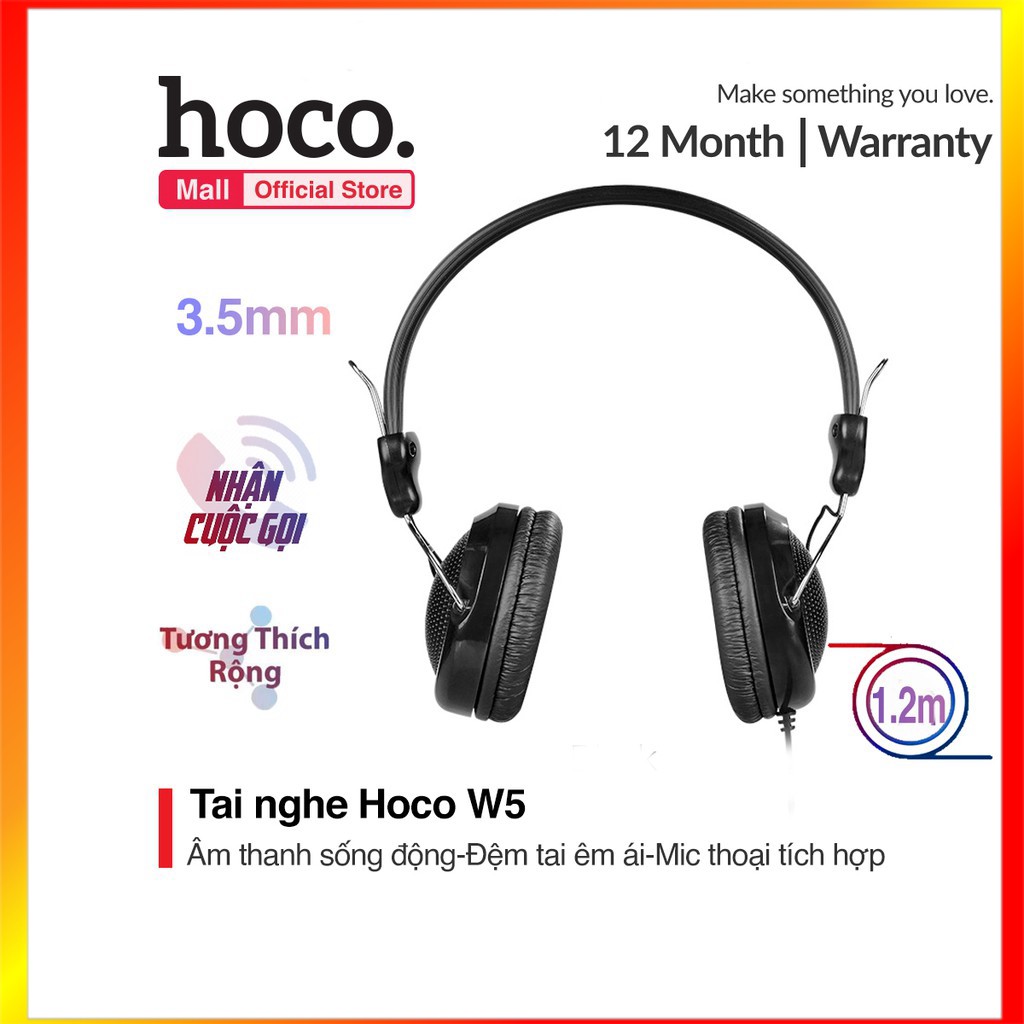 Tai nghe chụp tai Hoco W5, đệm tai êm ái, âm thanh sống động, có tích hợp micro thoại - MrPhukien