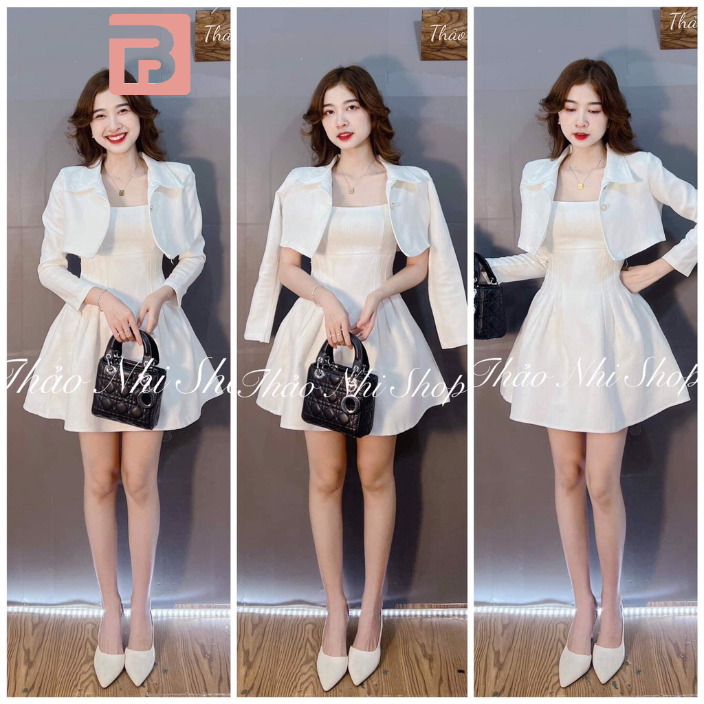 Set đầm chiết eo trắng mix áo khoác croptop cài nút QA100