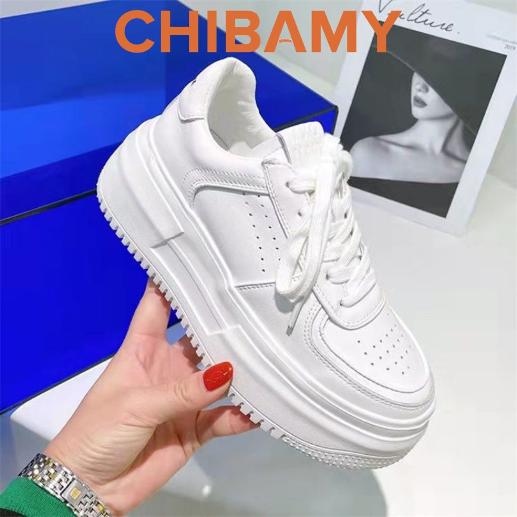Giày thể thao nữ Trắng NK chất da lì đế cao 5cm, giày Sneaker học sinh CHIBAMY