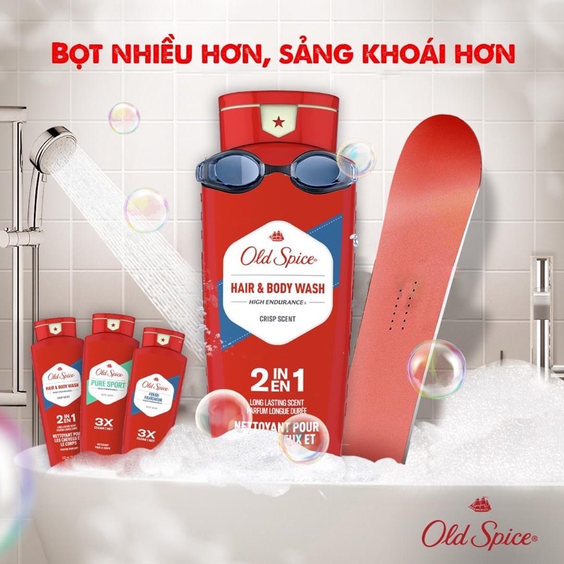 Sữa tắm gội nam 2in1 Old Spice High Endurance Hair + Body Wash 532ml (Dầu gội và sữa tắm 2in1) Made in USA