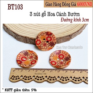 3 nút gỗ 3cm hình hoa cánh bướm BT103