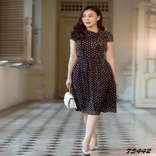 [ĐÂM HOT] ĐẦM XÒE TIÊU THƯ HỌA TIẾT CHẤM BI PHỐI NƠ CỔ CAO CẤP ĐỦ SIZE M L XL XXL - 75442
