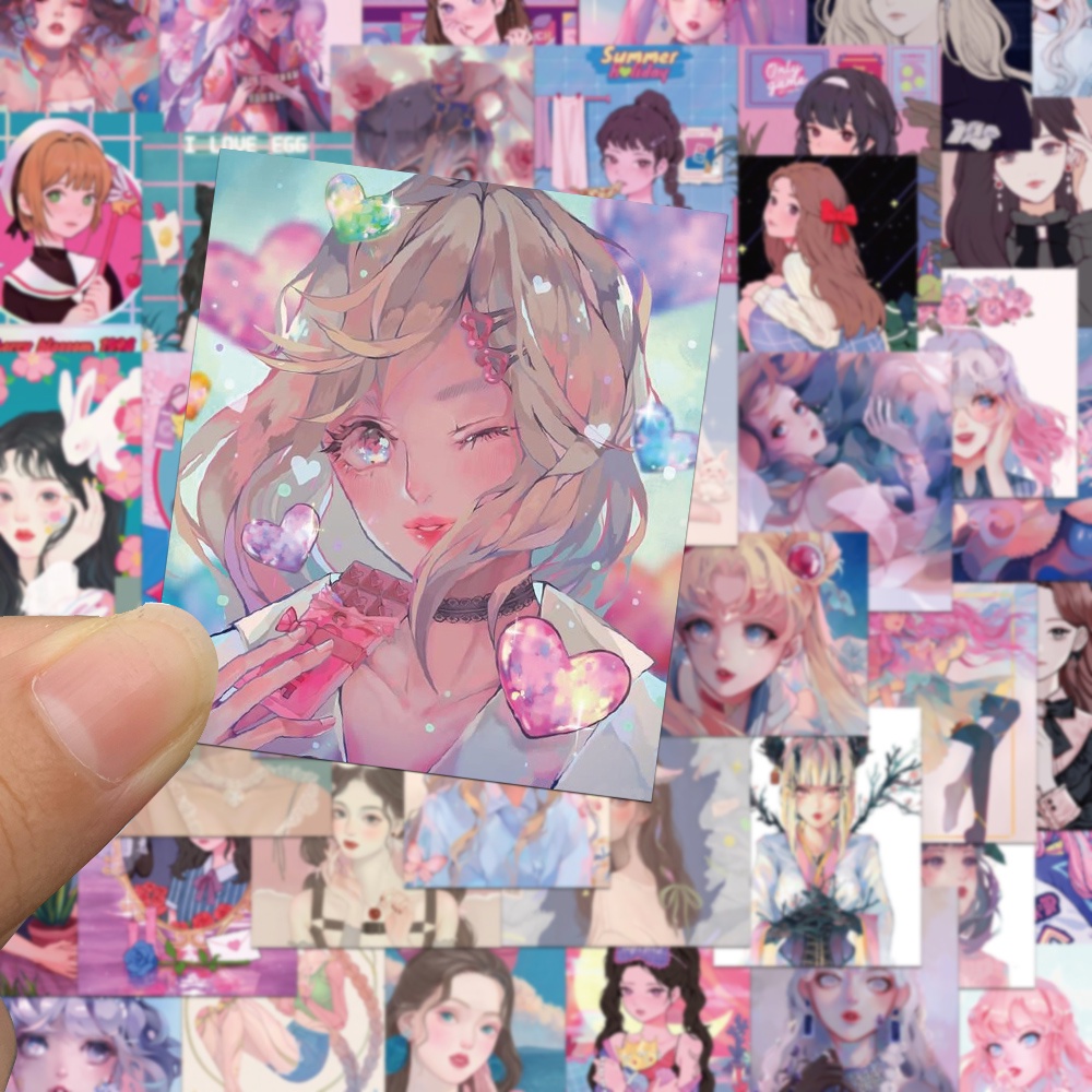 Bộ 50 Miếng Dán Trang Trí Sổ Tay/Va Li Chống Thấm Nước In Hình Cô Gái Và Trái Tim Dễ Thương