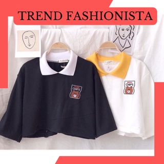 Áo croptop có cổ in hình con gấu, chất liệu 100%
