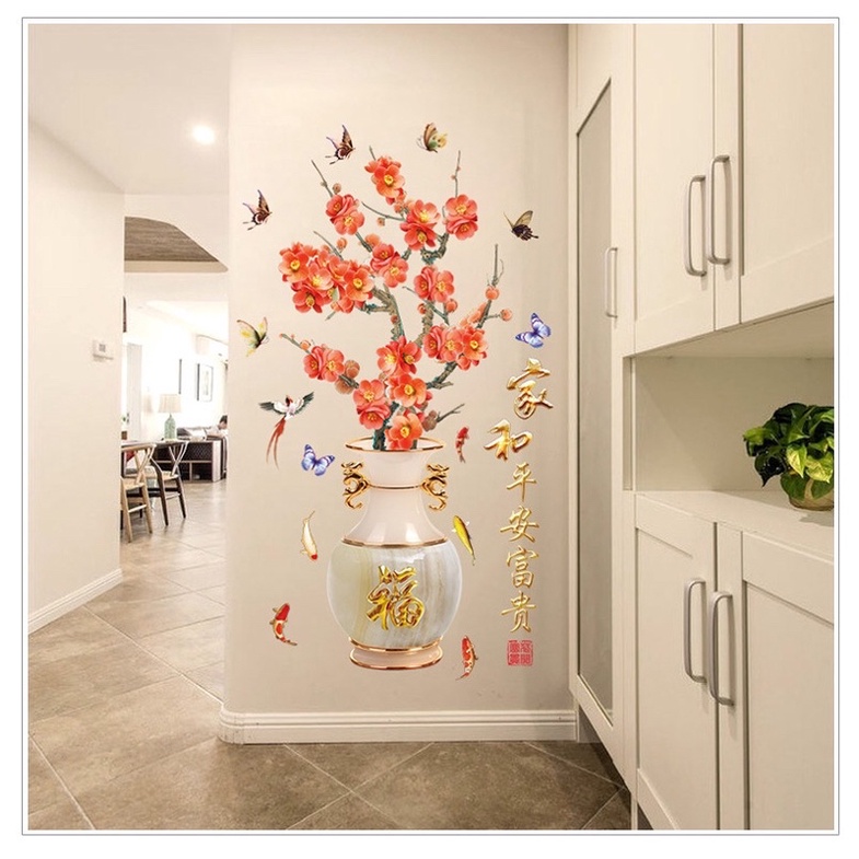 [Size lớn] Tranh dán tường, Decal dán tường bình hoa đào.