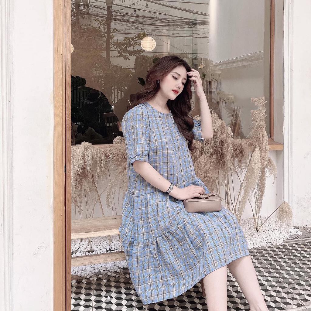 Váy bầu thời trang thiết kế kẻ caro M103 chất Cotton thô freesize từ 45 đến 70kg