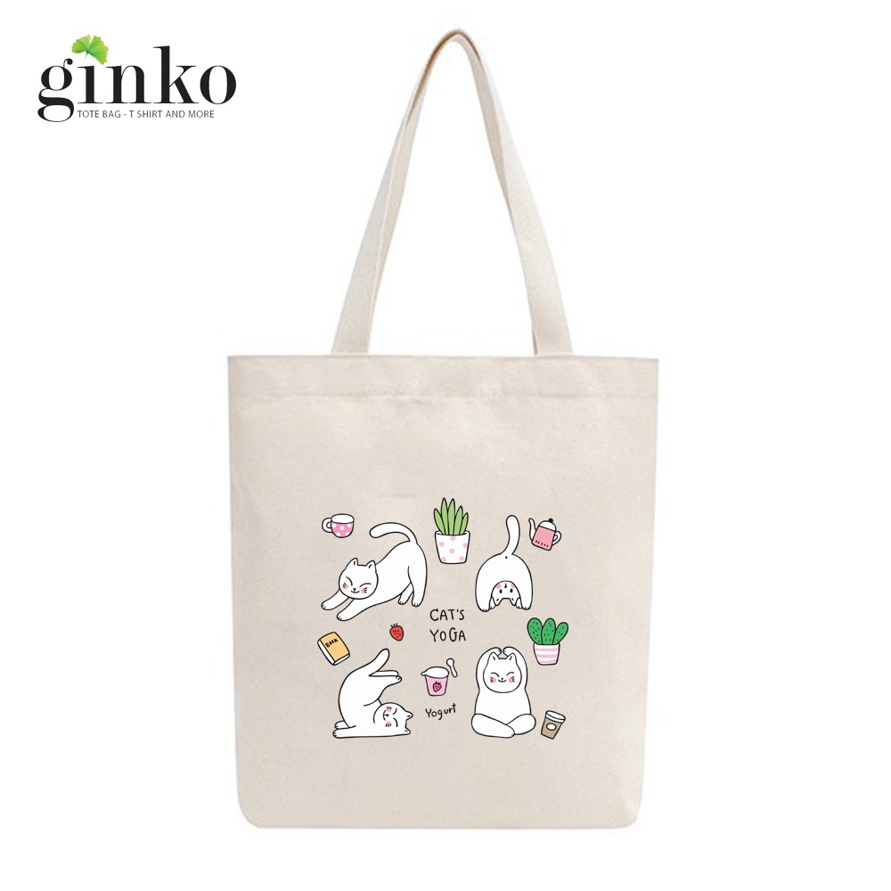 Túi Vải Tote GINKO Kiểu Basic Nút Bấm In Hình Yoga Cats M84