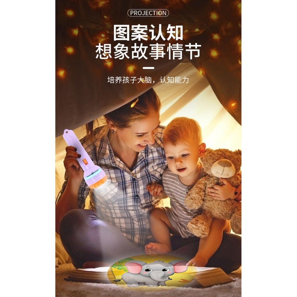Đồ chơi Đèn pin chiếu hình cho bé 3 tấm chiếu 24 hình, đèn pin kể chuyện cho bé chất liệu nhựa ABS an toàn