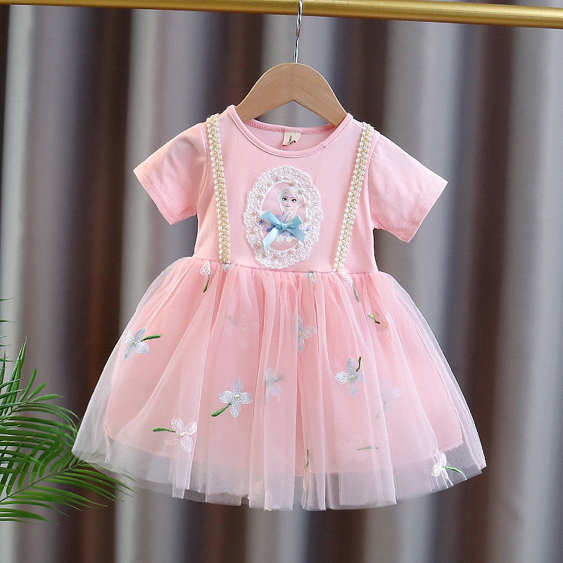 Đầm Ngắn Tay Giả Hai Lớp In Hình Thỏ Dễ Thương Dành Cho Bé Gái