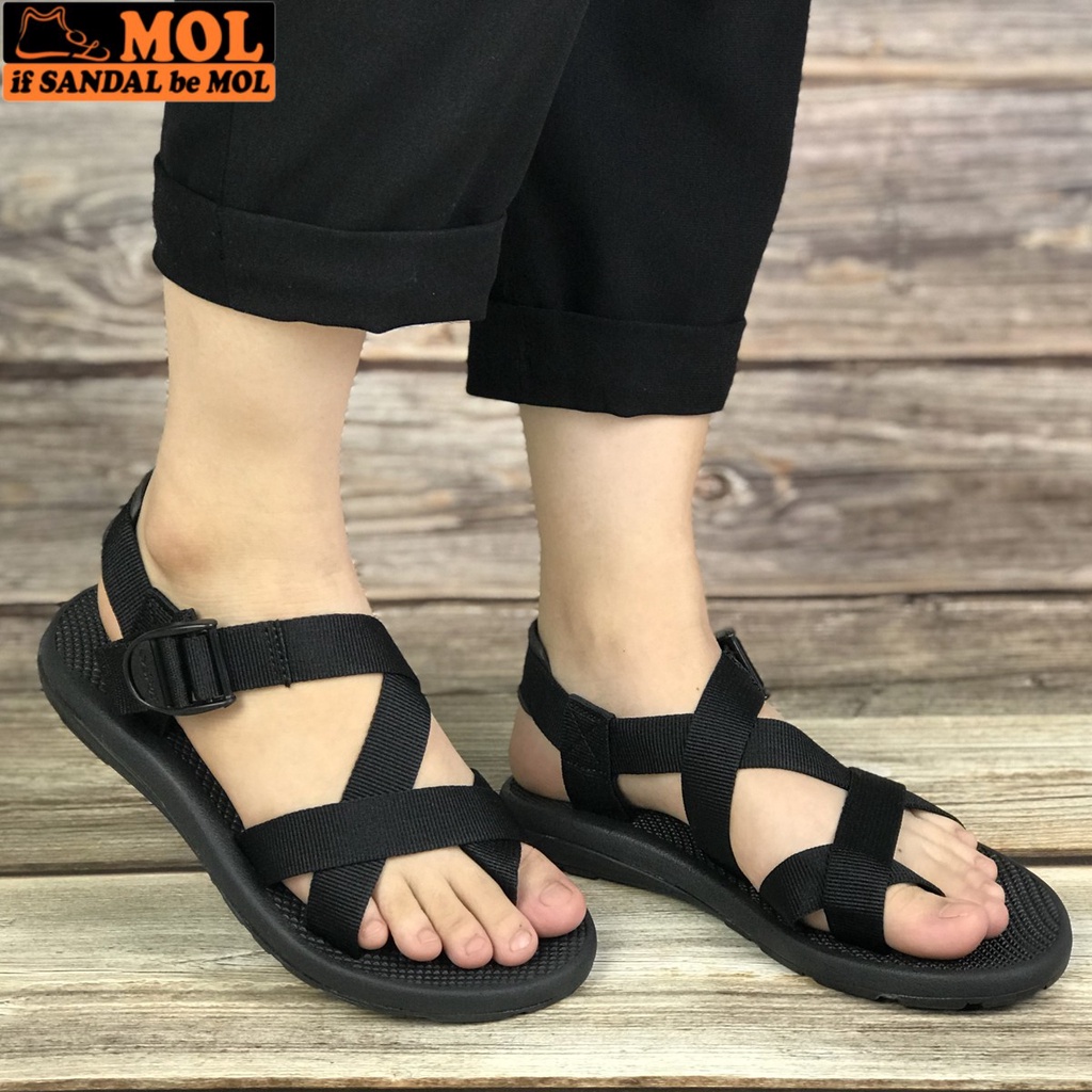 Giày sandal MOL nam nữ xỏ ngón quai dù đế cao su đi học màu đen mã MS1167