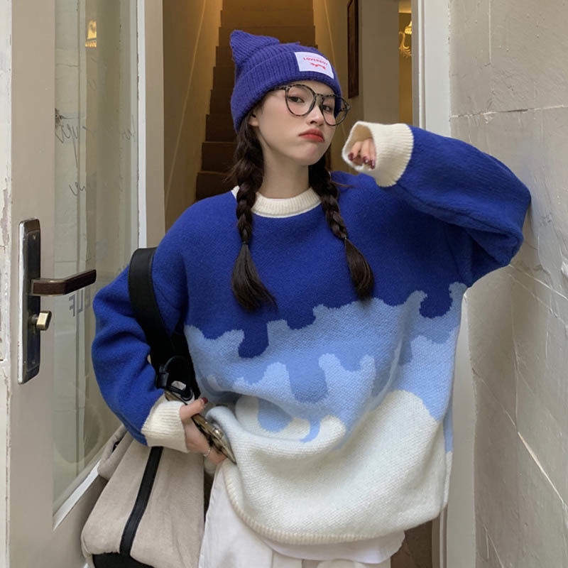 Áo Sweater Dệt Kim Dáng Rộng Cổ Tròn Phối Màu Hàng Mới Cho Nữ