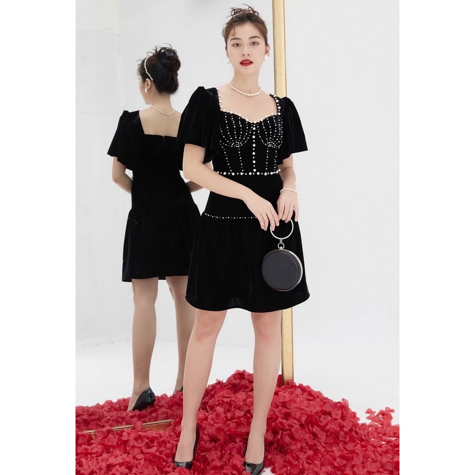 Đầm thiết kế cao cấp cổ vuông đính cườm dự tiệc | đi chơi (cam kết hình thật)