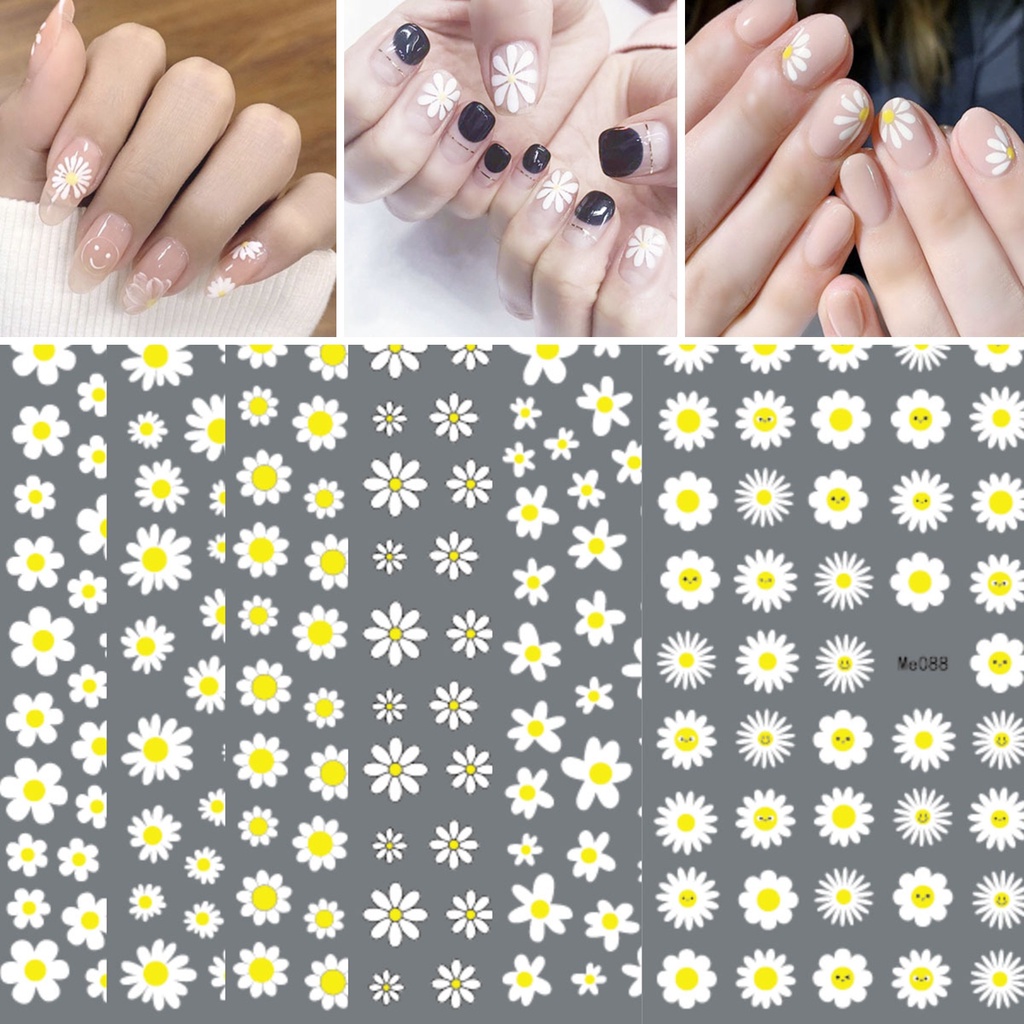 Miếng Dán Móng Tay Tự Dính Hình Hoa Hướng Dương 3D Màu Trắng Vàng Sống Động Cho Nữ
