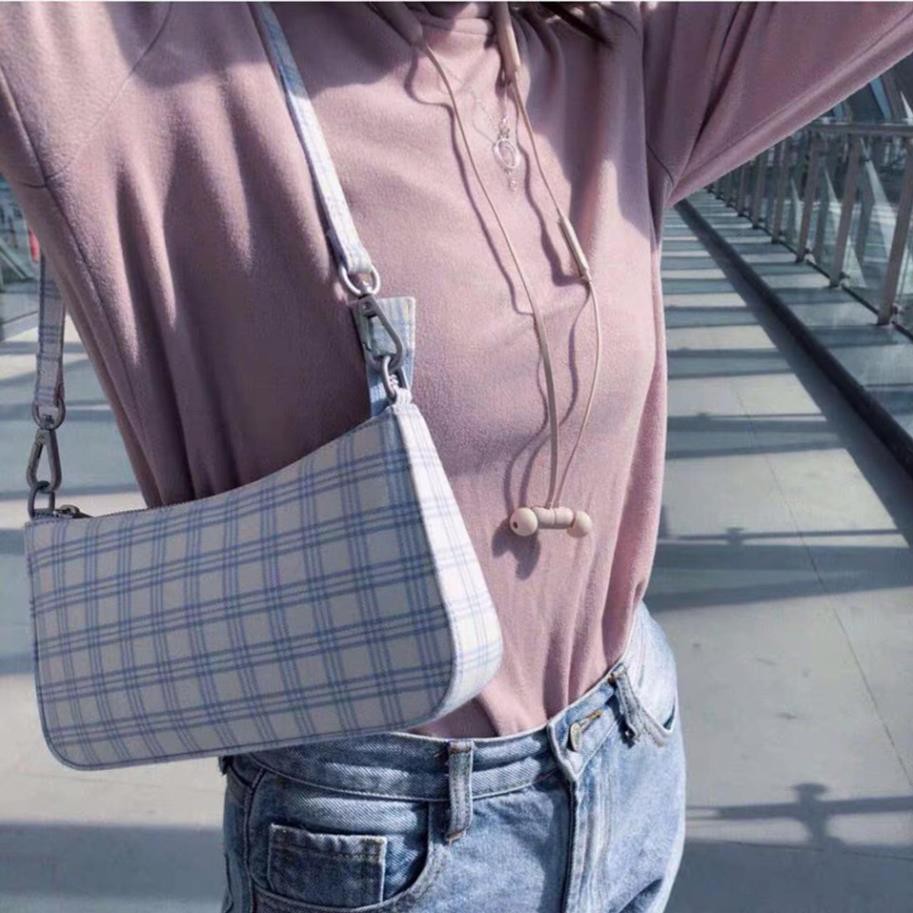 [sẵn có video] Túi kẹp nách kẻ xanh nhạt cổ điển cực xinh