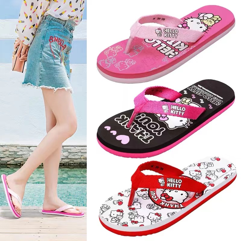 Dép Quai Ngang Đi Biển Chống Trượt Màu Hồng In Hoạt Hình Hello Kitty Dễ Thương Cho Bạn Gái