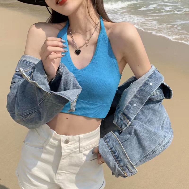 Áo Croptop yếm cột nơ sau chất dệt kim trẻ trung năng động Freesize | BigBuy360 - bigbuy360.vn