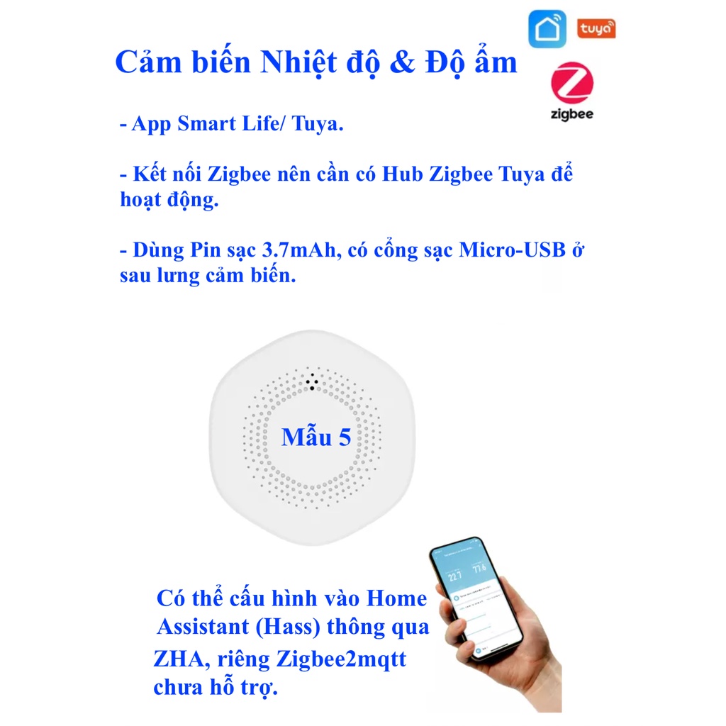 Cảm biến nhiệt độ, độ ẩm thông minh Hệ Tuya, kết nối Zigbee 3.0, App Smart Life/ Tuya/ Home Assistant