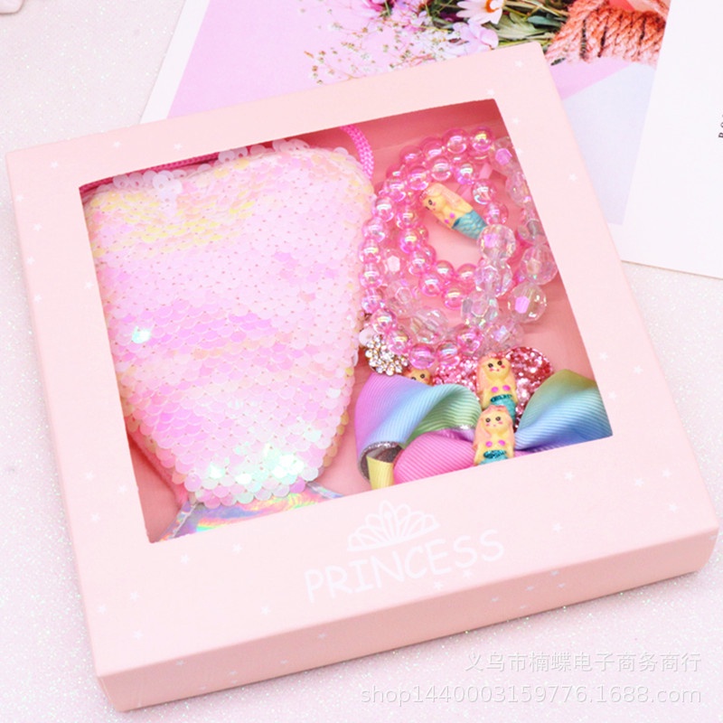 Set 6 món ví và đồ trang sức công chúa lấp lánh cho bé gái có hộp làm quà tặng cho bé 1-6 tuổi