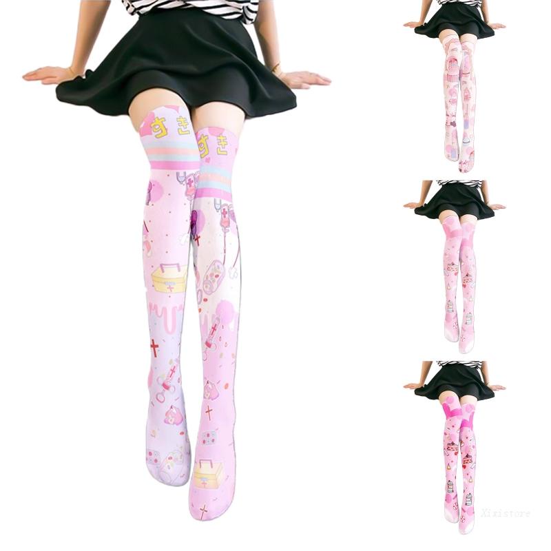 XIXI Tất Dài Qua Gối In Hình Hộp Sữa Phong Cách Lolita Nhật Bản Dễ Thương Cho Nữ