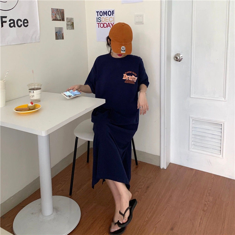 Jiashucheng Áo Thun Tay Ngắn Dáng Dài Qua Gối Phong Cách Hong Kong Thời Trang Mùa Hè