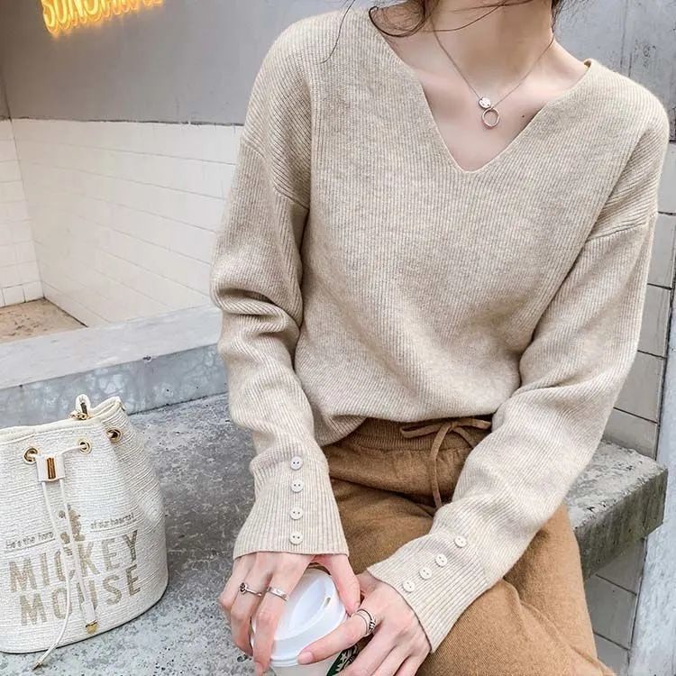Áo sweater cổ chữ V mềm mại thiết kế dáng rộng phong cách Hàn Quốc thời trang thu đông cho nữ