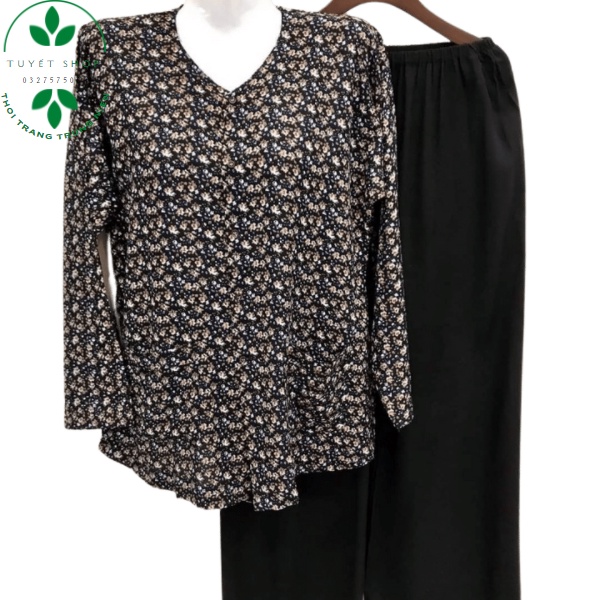 Bộ Lanh Nhung Hoa Dài Tay Thu Đông Trung Niên Cho Các Bà Các Mẹ