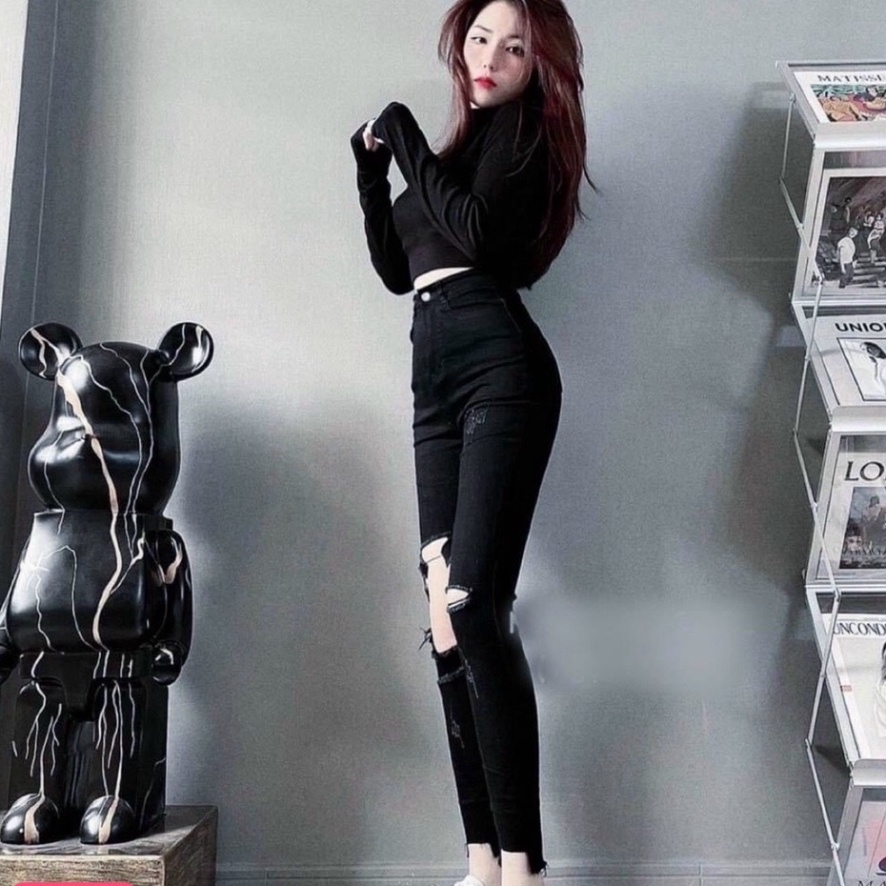 Quần jean nữ dài rách hai phía chất bò kéo giãn tốt from ôm sát nâng vòng ba