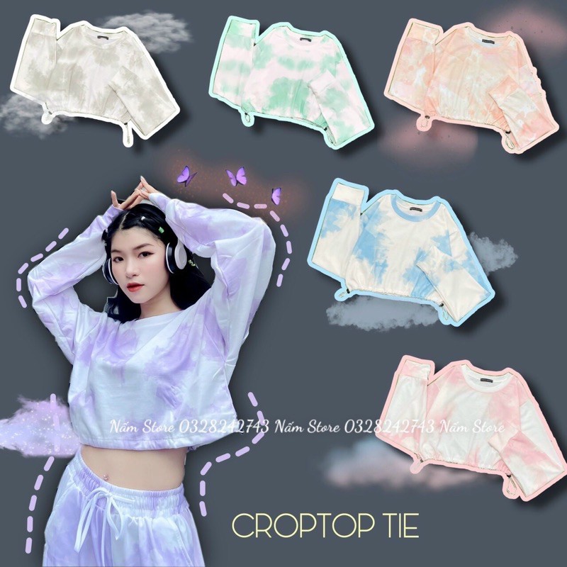 (Video + Ảnh thật) Áo croptop loang màu tay dài rút eo dáng rộng unisex đủ màu - Croptop Tie Dye dây rút 2 bên hông