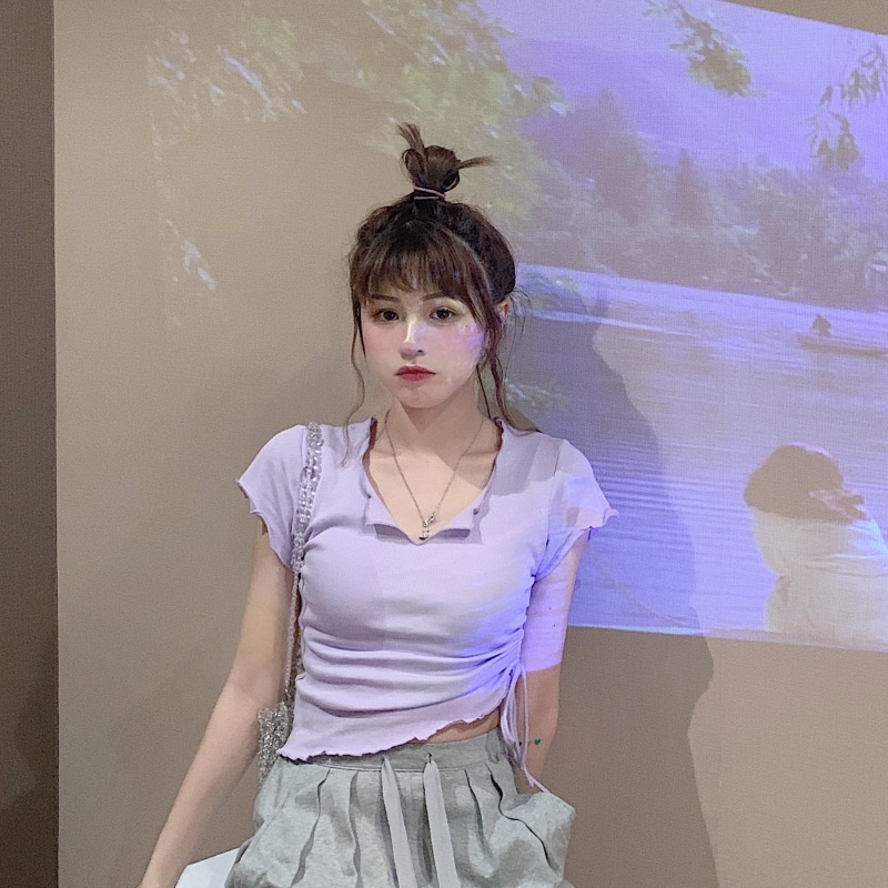 Áo thun ZHELIHANGFEI ngắn tay cổ cao phối dây rút thời trang mùa xuân 2022 cho nữ